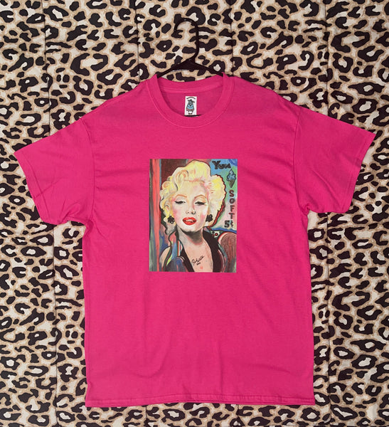 *Merchandise Drop* March 1, 2024 8PM EASTERN TIME - Kandykorn X Slimyburger - Hot Pink or Purple Haze T - Shirt W/ Marilyn Monroe on frontside, Sizes (S-XL) 1950s Fashion