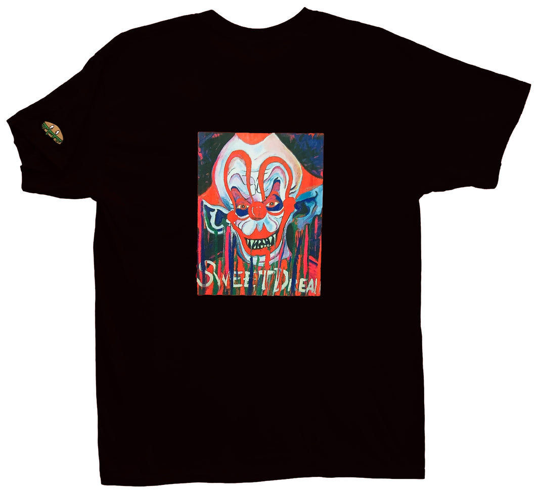 Kandykorn X Slimyburger - Jet Black & Blood Red Killer Klown on backside, 100% Cotton T - Shirt Sizes (S-XL) Killer Klowns From Outer Space
