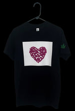 Load image into Gallery viewer, Kandykorn X Slimyburger - Jet Black &amp; Purple Haze Cannabis Heart on Frontside , 100% Cotton T - Shirt Sizes (S-XL)
